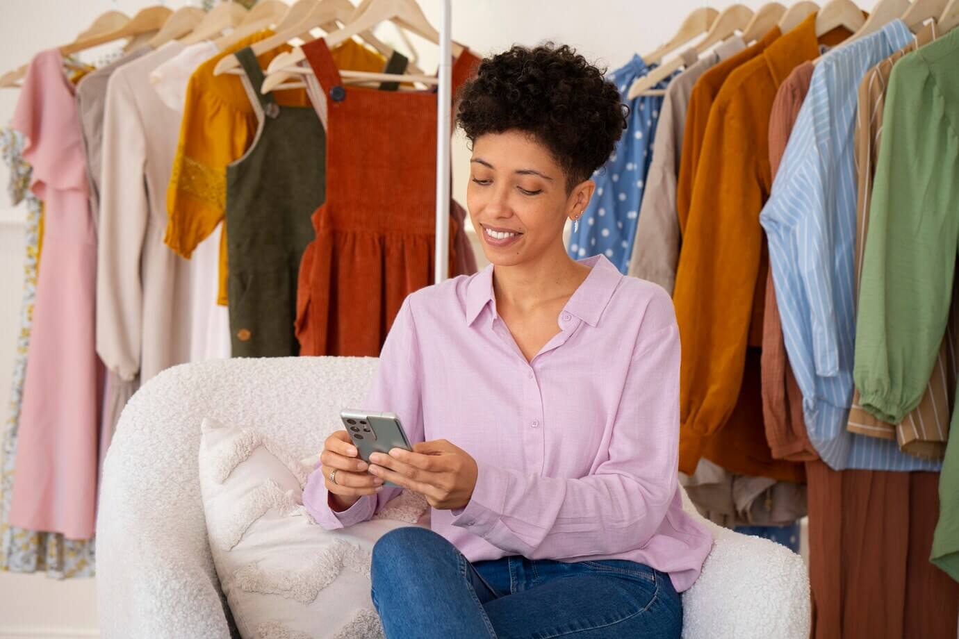Mulher feliz olhando no celular suas vendas online no Carrefour Marketplace