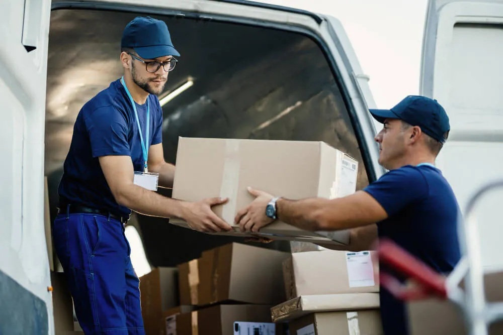 Dois entregadores com uniforme azul descarregando uma caixa de papelão da parte traseira de uma van de entregas, simbolizando o Magalu Entregas.