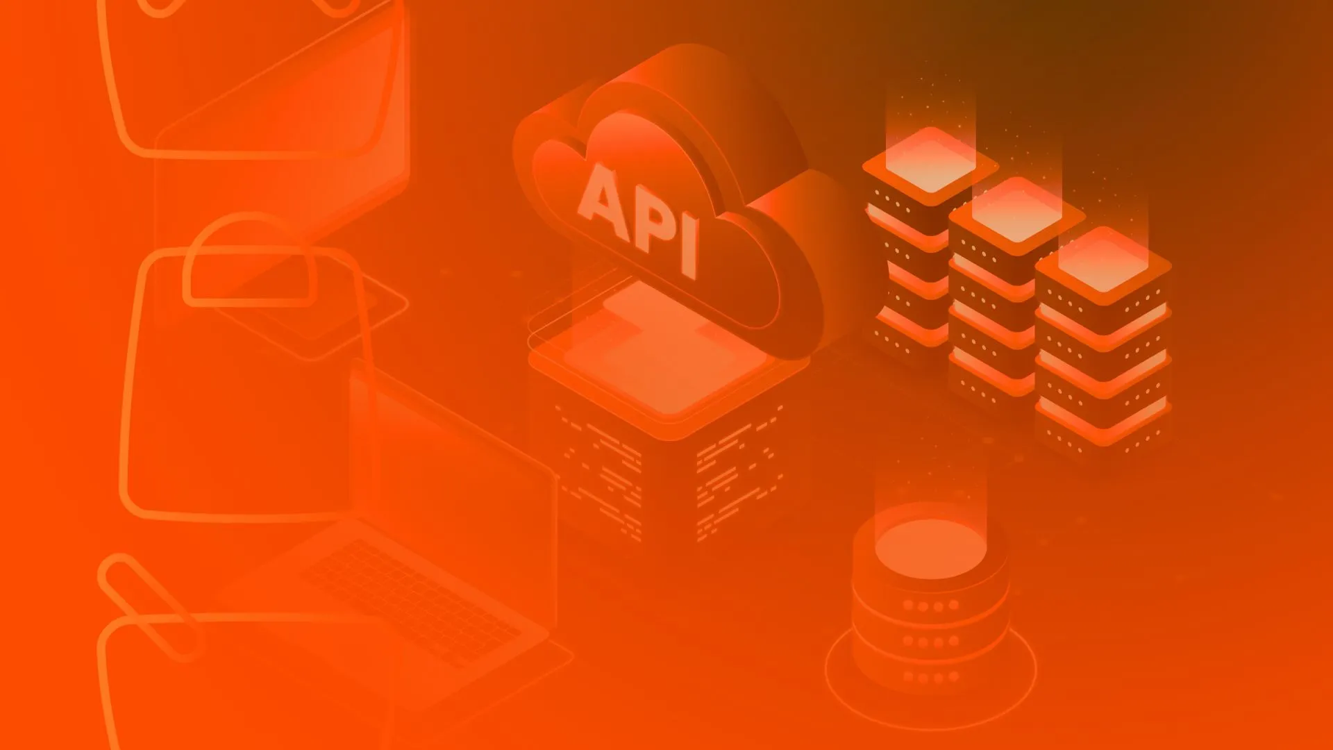Infografico com diferentes plataformas conectadas por meio de uma API ao centro