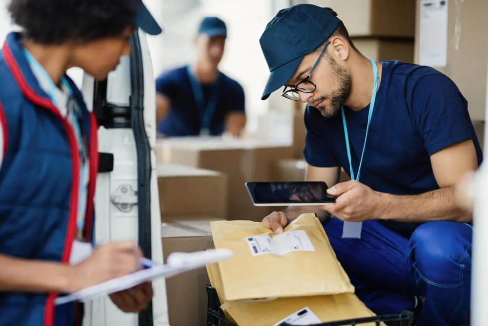 Profissional realiza order fulfillment em centro de distribuição com prateleiras de estoque e caixas para separação de pedidos.