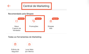 captura da tela da central de marketing para aumentar pedidos na shopee