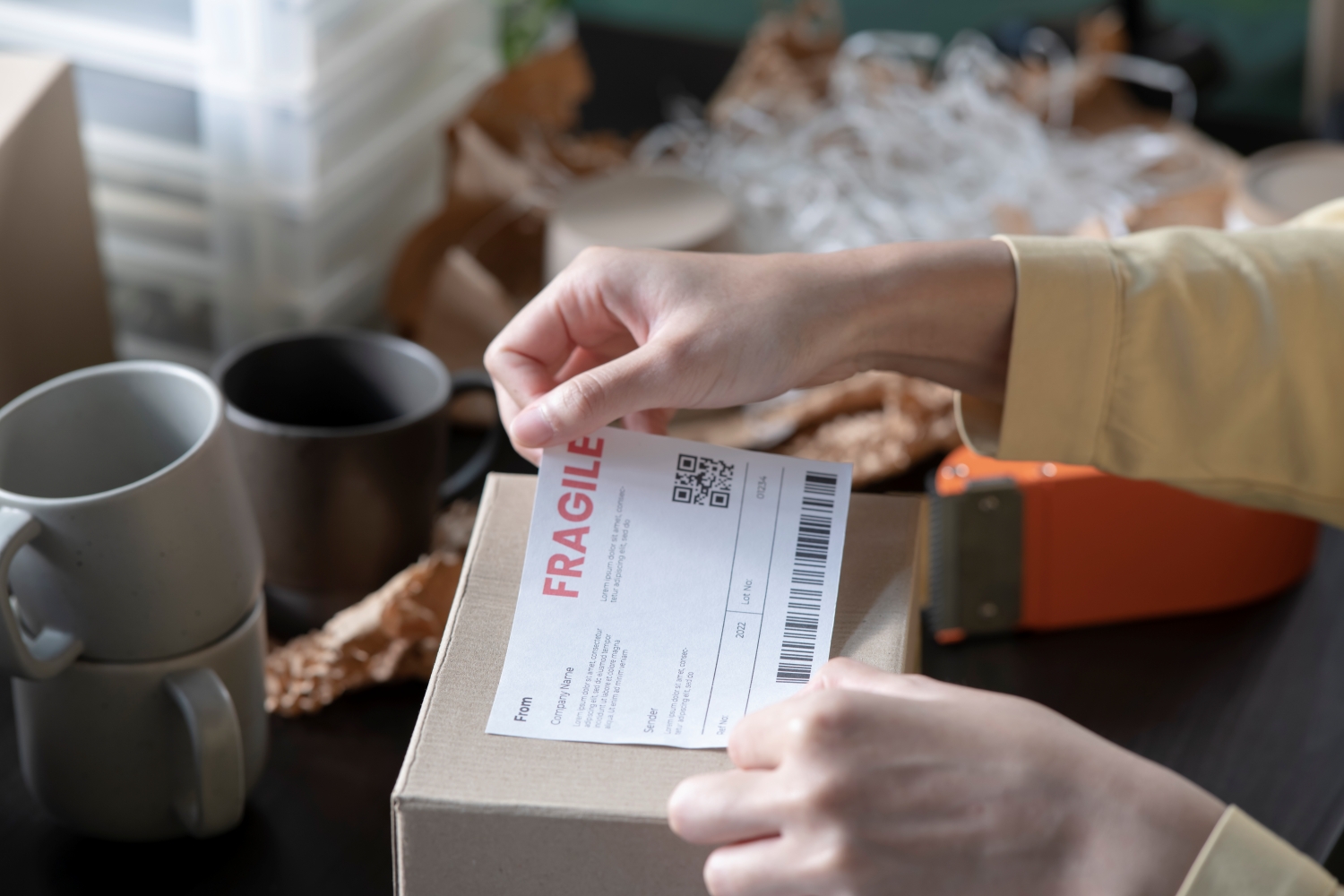 pessoa colando etiquetas de envio em um pacote