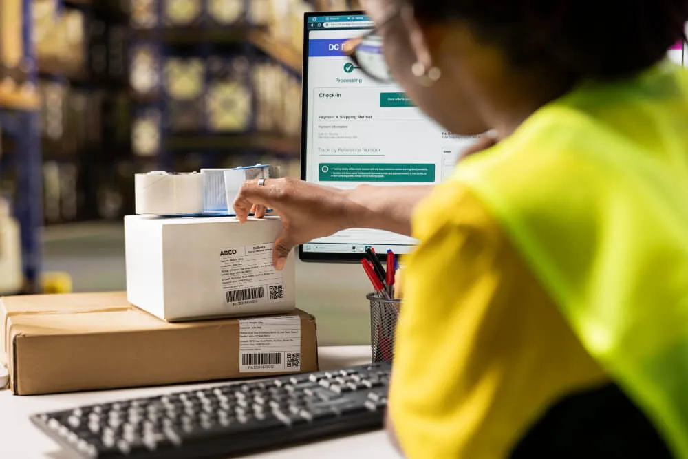 Mulher sentada em frente ao computador analisando caixas de envio de pedidos vendidos via amazon ads