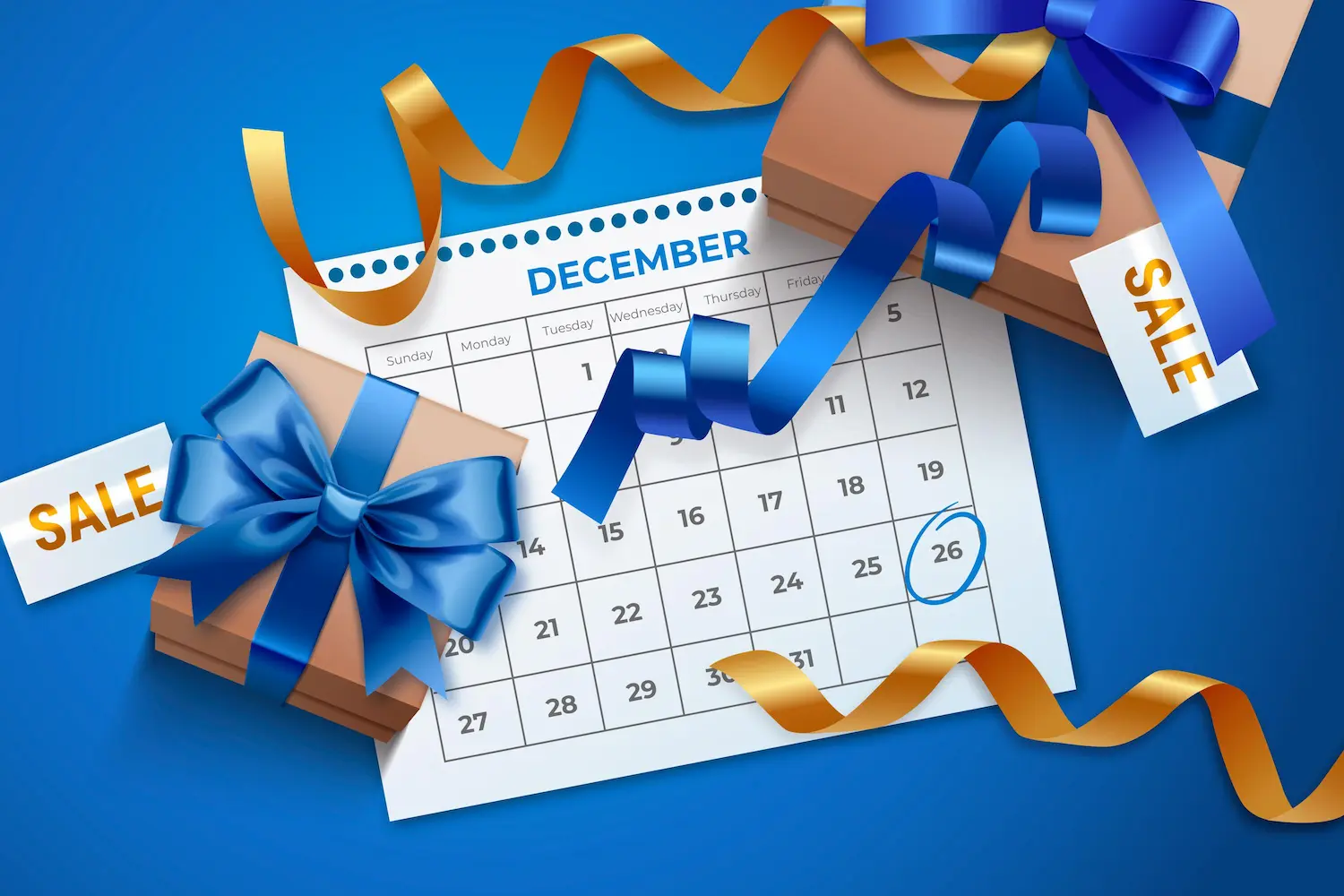 Desenho de um calendário com presentes em volta, tags escrito “sale” e fitas azul e laranja.
