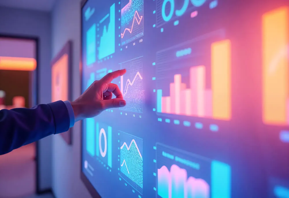 Mão interagindo com painel digital de gráficos e indicadores de desempenho, representando a análise da curva ABC de produtos.