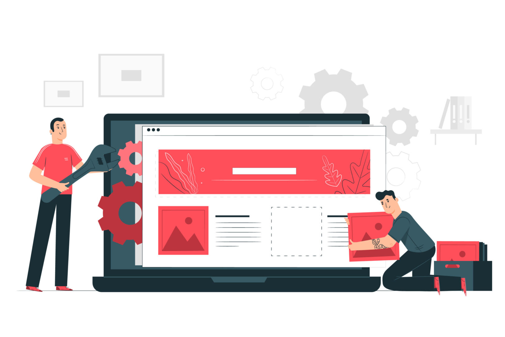 Desenhos de um computador com uma loja online e pessoas trabalhando nas funcionalidades e layout dela.