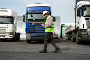 homem caminhando próximo a caminhões