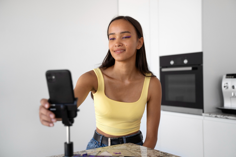 Mulher ajustando o celular em tripé para gravar vídeos de TikTok Shop para vendedores