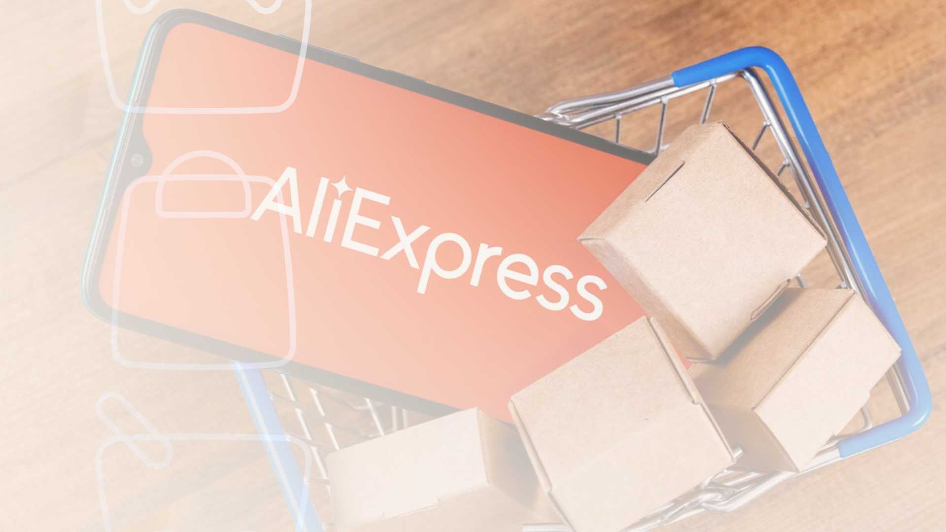 Celular com logo do AliExpress em carrinho de compras com caixas de pedidos.