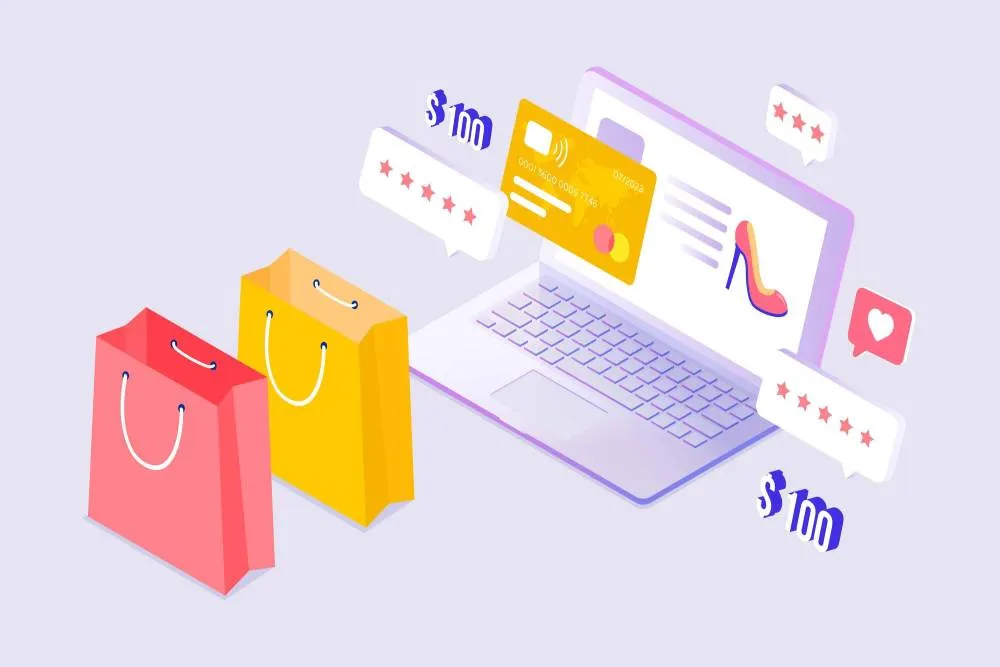 Ilustração de compras online com sacolas, cartão e laptop exibindo produto, representando diferentes tipos de marketplace no e-commerce