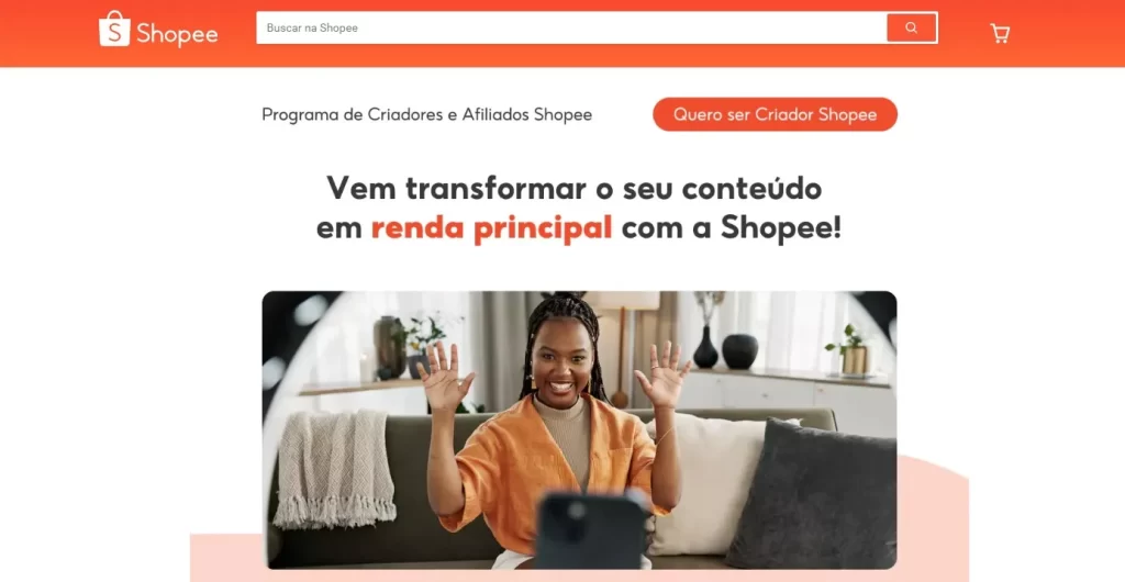 Programa de criadores e afiliados Shopee destacando oportunidades de transformar conteúdo digital em renda principal.