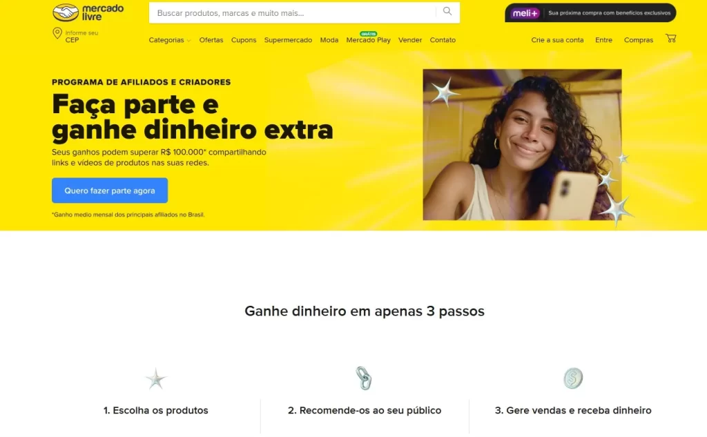 Página do programa de afiliados do Mercado Livre, incentivando criadores a compartilhar links de produtos e ganhar dinheiro extra.