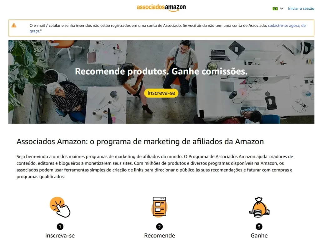 Site do programa de afiliados da Amazon apresentando o processo de inscrição, recomendação de produtos e ganhos por comissão.
