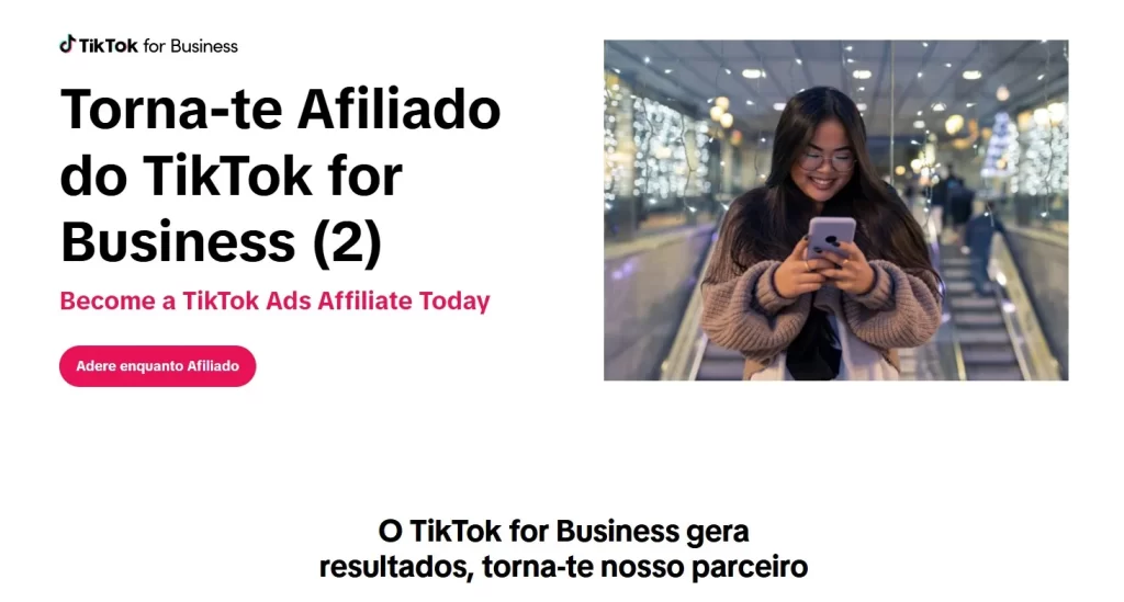 Página do programa de afiliados do TikTok for Business, destacando criadores de conteúdo e oportunidades de monetização por meio de campanhas digitais.