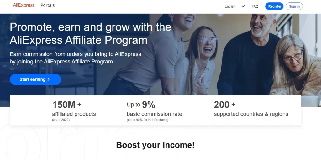 Página oficial do programa de afiliados AliExpress mostrando informações sobre comissão, produtos e regiões disponíveis para criadores de conteúdo.