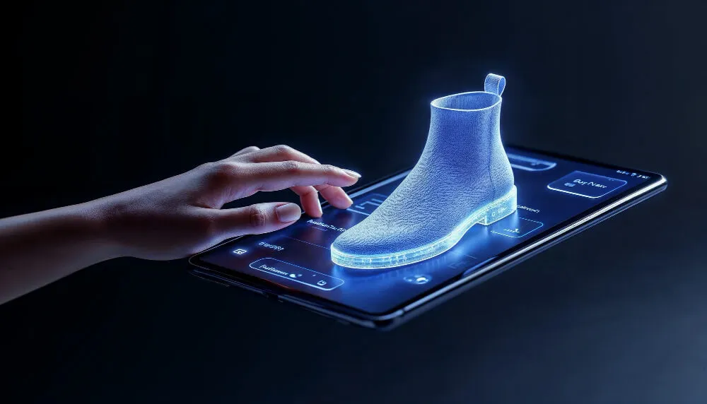 Visualização holográfica de uma bota saindo de um smartphone, simbolizando tecnologia e vendas no Dafiti marketplace.