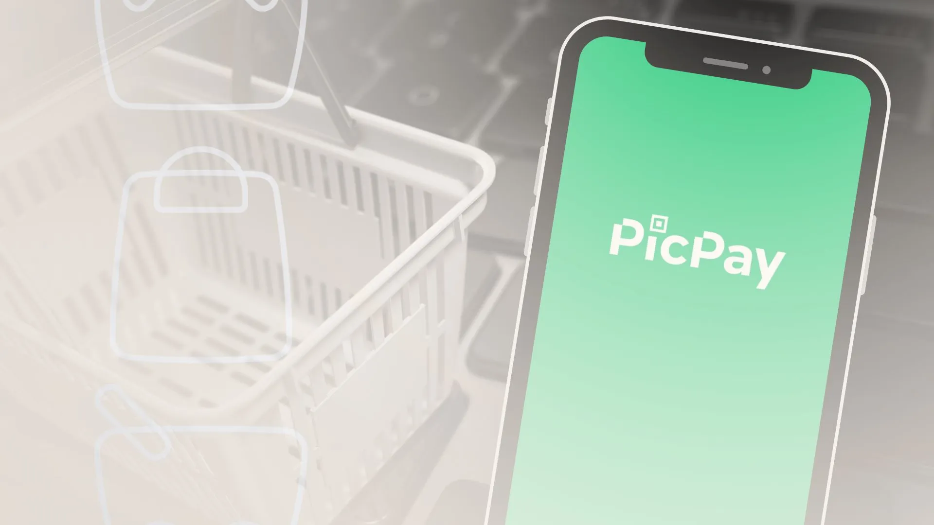 Um smartphone com a tela aberta no aplicativo PicPay Shop aparece em primeiro plano, exibindo o logo em verde. Ao fundo, desfocado, há um pequeno carrinho de compras branco e elementos gráficos em tom claro representando compras online.