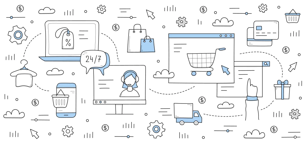 Ilustração de e-commerce com ícones de carrinho de compras, suporte 24 horas e logística, representando o ecossistema digital do Webcontinental Marketplace.