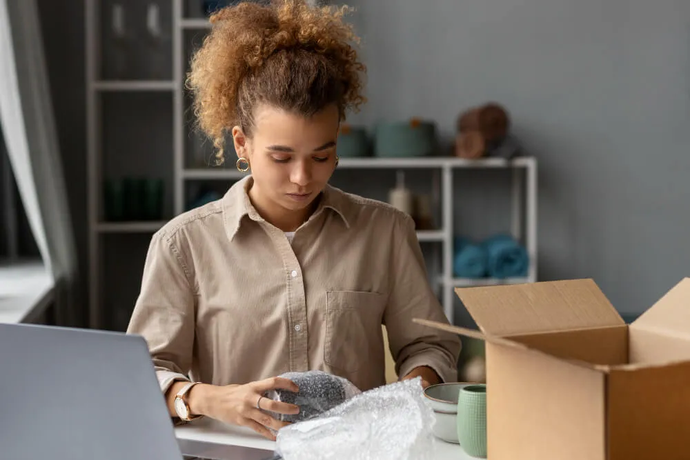Empreendedora preparando produto para envio em casa com notebook ao lado, representando o processo de vender em marketplaces