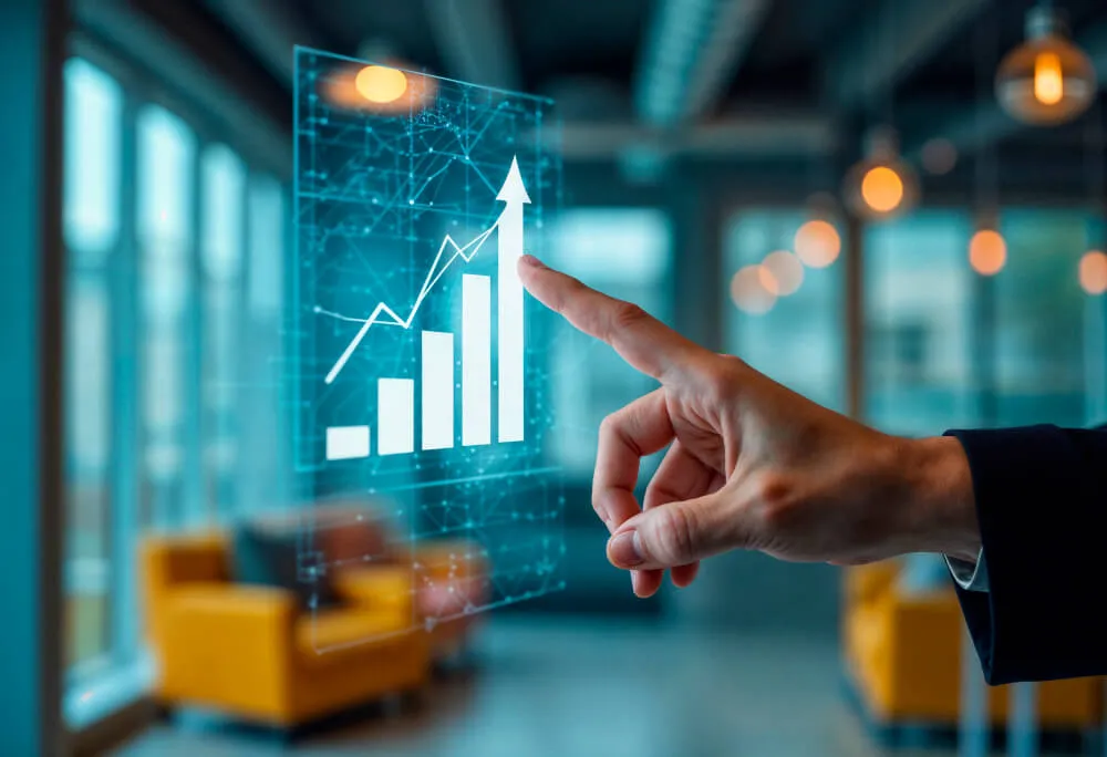 Gráfico digital em crescimento sendo apontado por profissional, ilustrando otimização de campanhas e desempenho com Shopee Ads