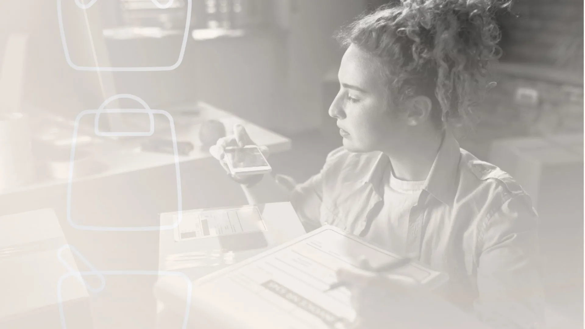 Vendedora analisando smartphone e documentos de entrega em ambiente de embalagem, representando controle do custo de envio Mercado Livre nas opera&ccedil;&otilde;es log&iacute;sticas.