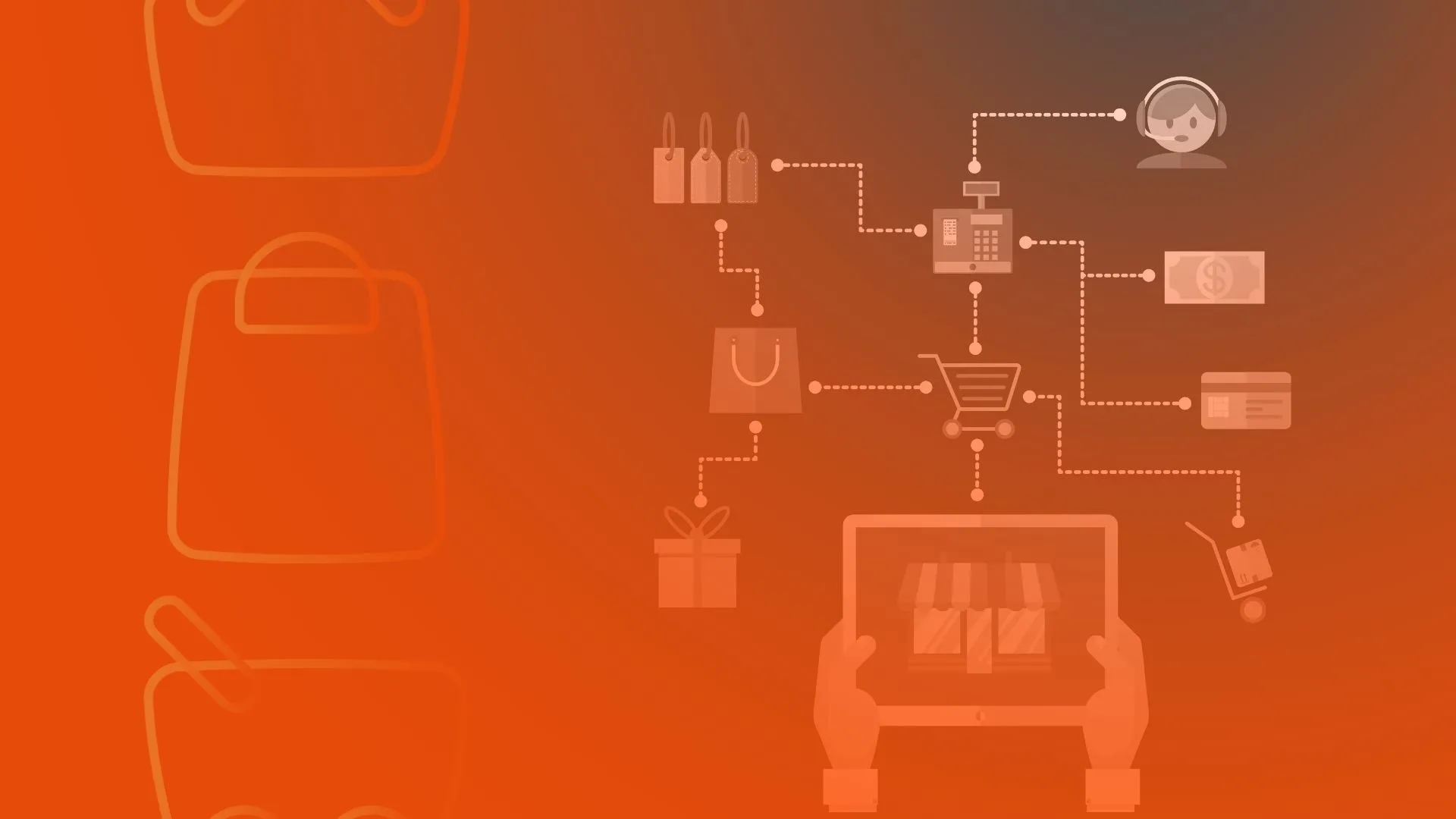 Ilustra&ccedil;&atilde;o de fluxo de vendas conectado entre canais digitais, simbolizando integra&ccedil;&atilde;o para vender em v&aacute;rios marketplaces.