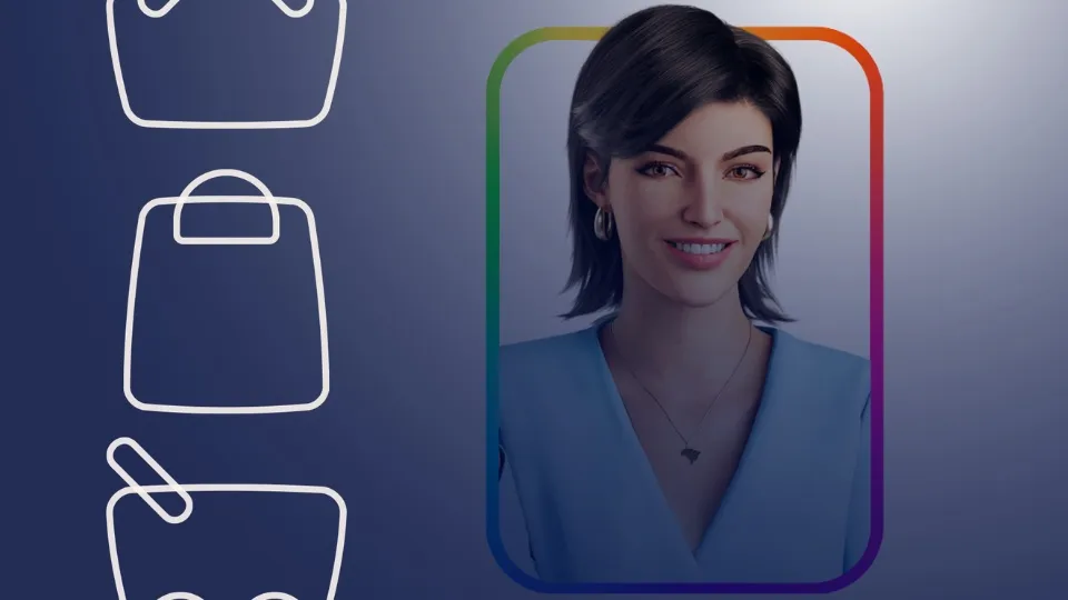 Interface com rosto de atendente digital e &iacute;cones de compras, representando campanhas e m&iacute;dia no Magalu Ads.