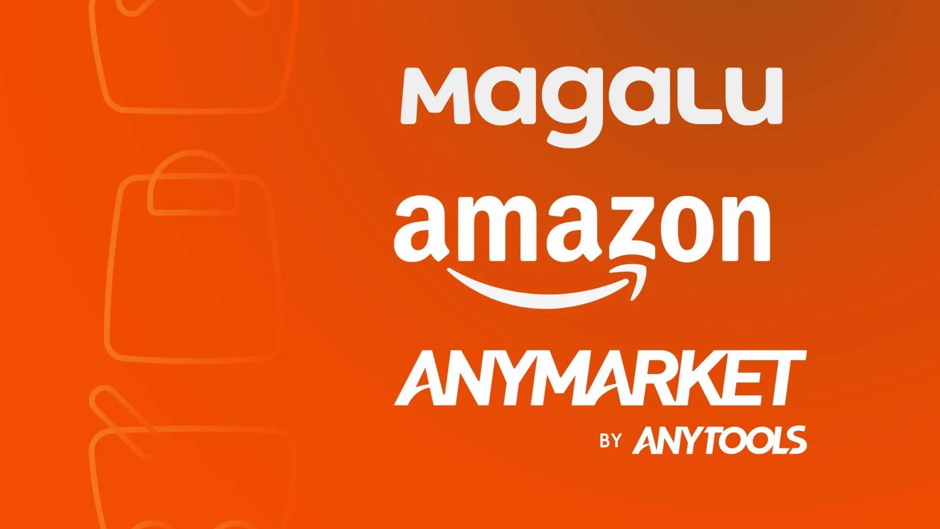 Logos da Magalu, Amazon, ANYMARKET alinhadas em fundo laranja