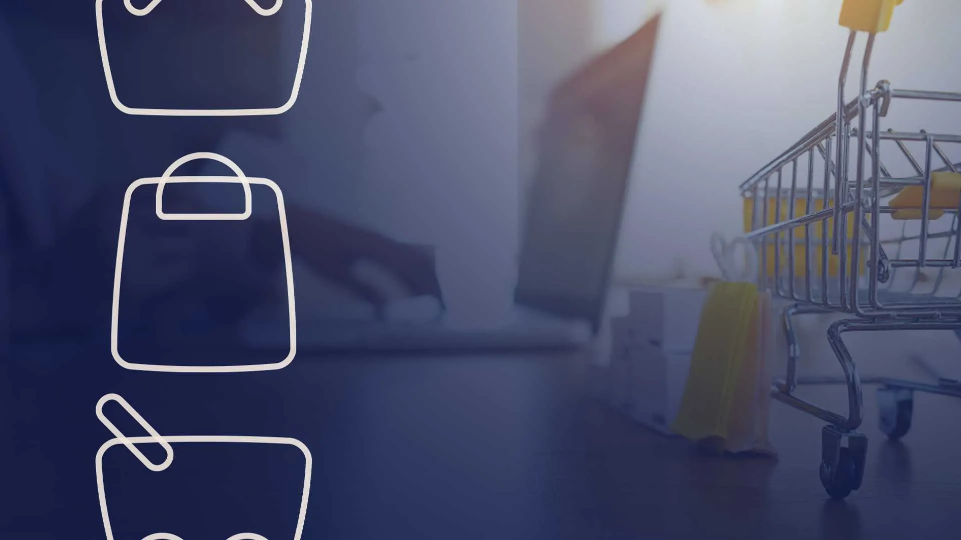 Carrinho de compras ao lado de notebook com interface de loja online, representando a opera&ccedil;&atilde;o de um seller marketplace