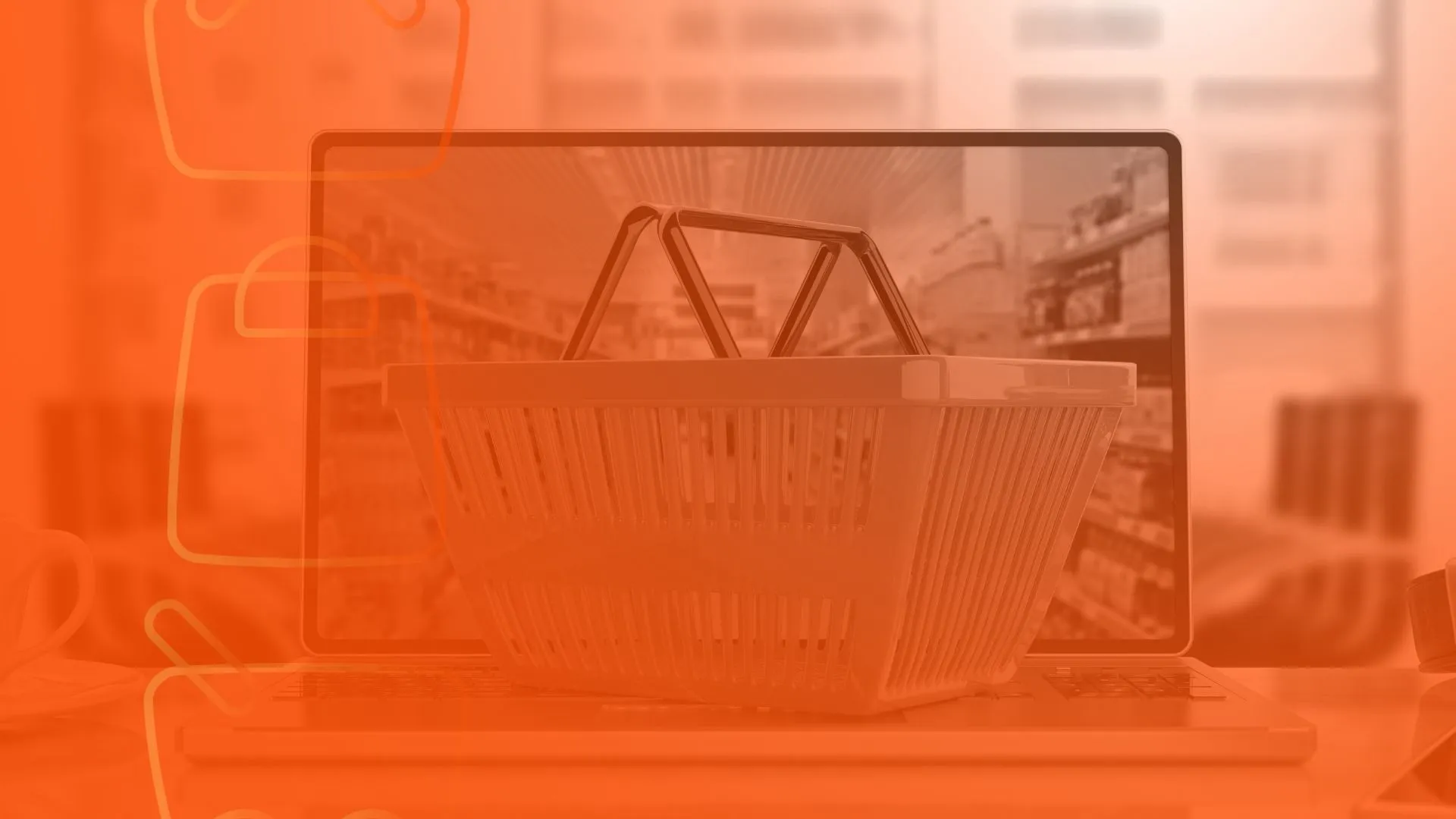 Cesta de supermercado em cima de um notebook, representando o Assaí vendendo no Mercado Livre via ANYMARKET
