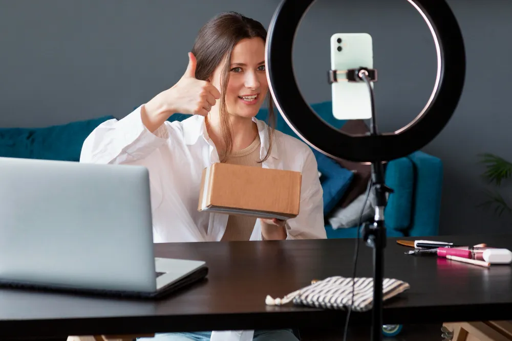 Influenciadora atuando como TikTok Shop Seller em divulgação de produtos para social commerce.