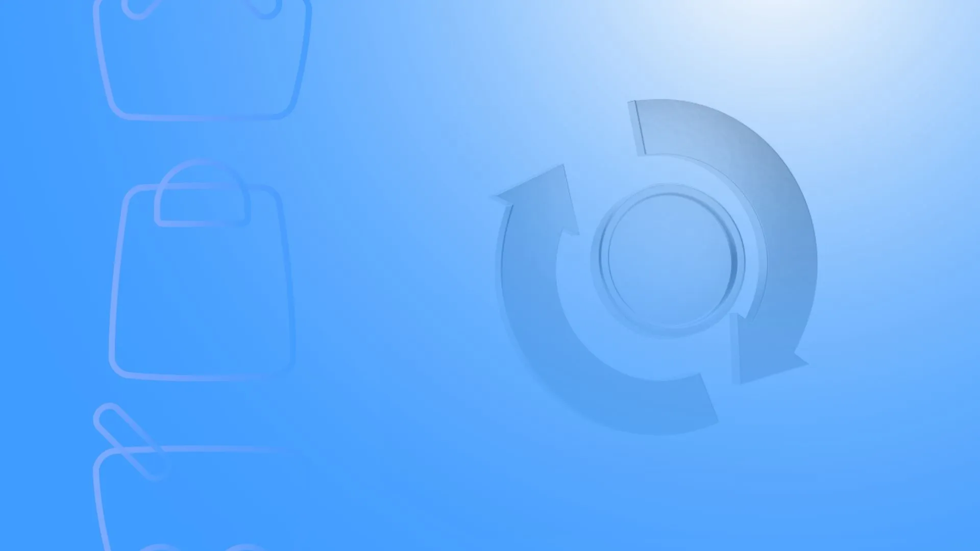 Ícone tridimensional translúcido de duas setas em movimento circular ao redor de um círculo central sobre fundo degradê azul claro, com silhuetas sutis de sacolas de compras alinhadas verticalmente à esquerda.
