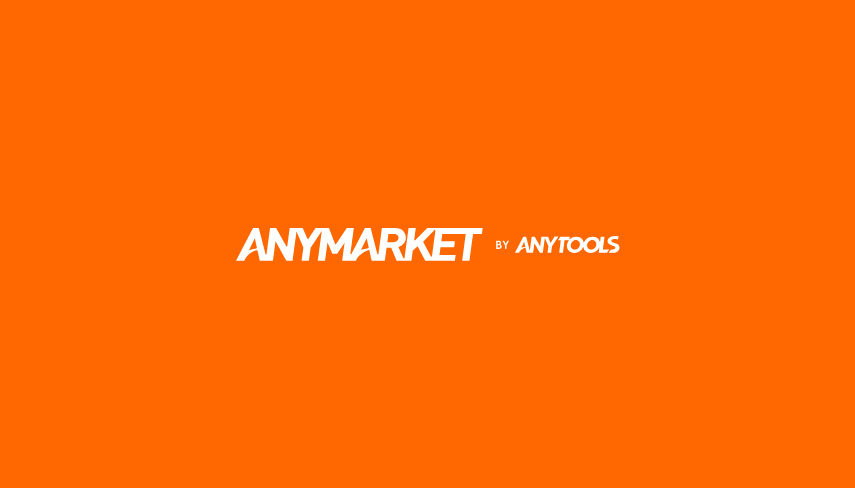Fundo laranja com logo do ANYMARKET by ANYTOOLS em destaque.