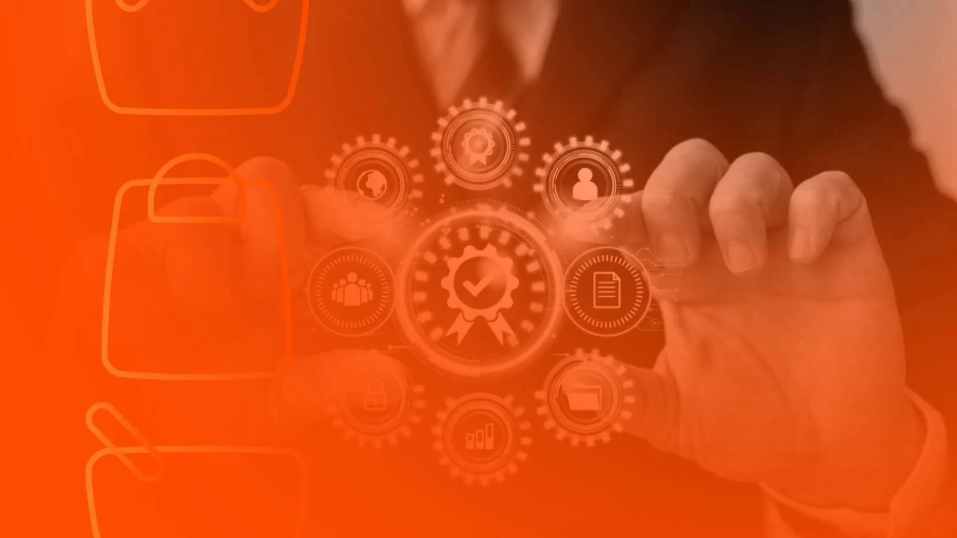 Profissional interagindo com &iacute;cones de processos e qualidade, representando excel&ecirc;ncia operacional e gest&atilde;o eficiente.