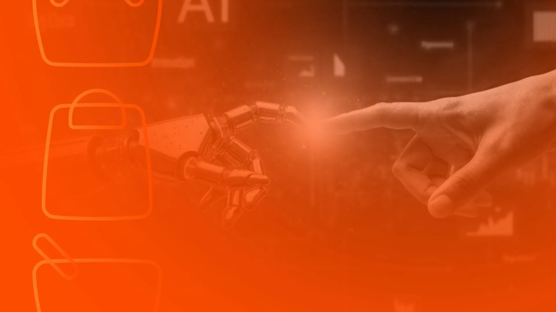 Mão robótica e mão humana se tocando com um brilho luminoso entre as pontas dos dedos, sobre fundo laranja com ícones de sacolas de compras e elementos de inteligência artificial.