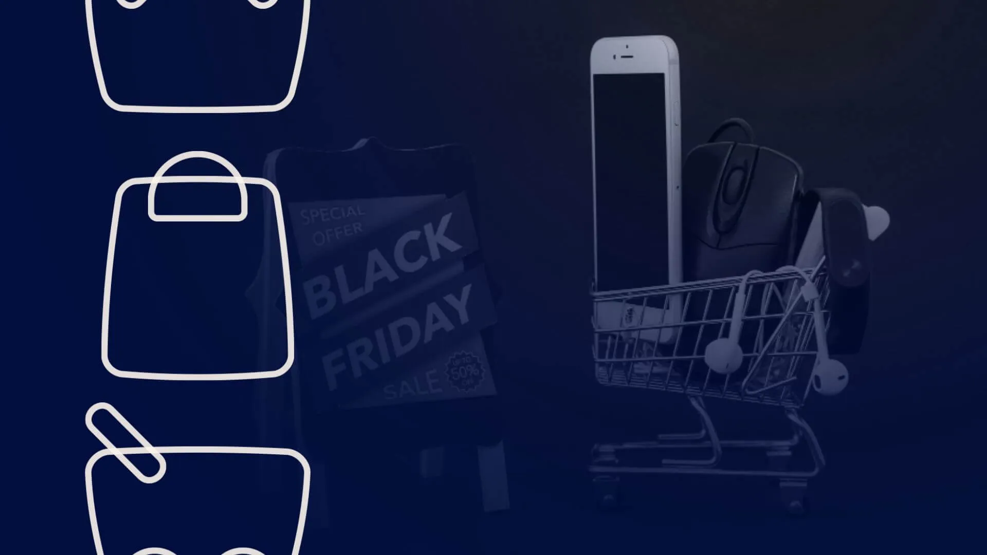 Carrinho de compras com produtos e oferta representa a preparação para o 11/11 e Black Friday no e-commerce.