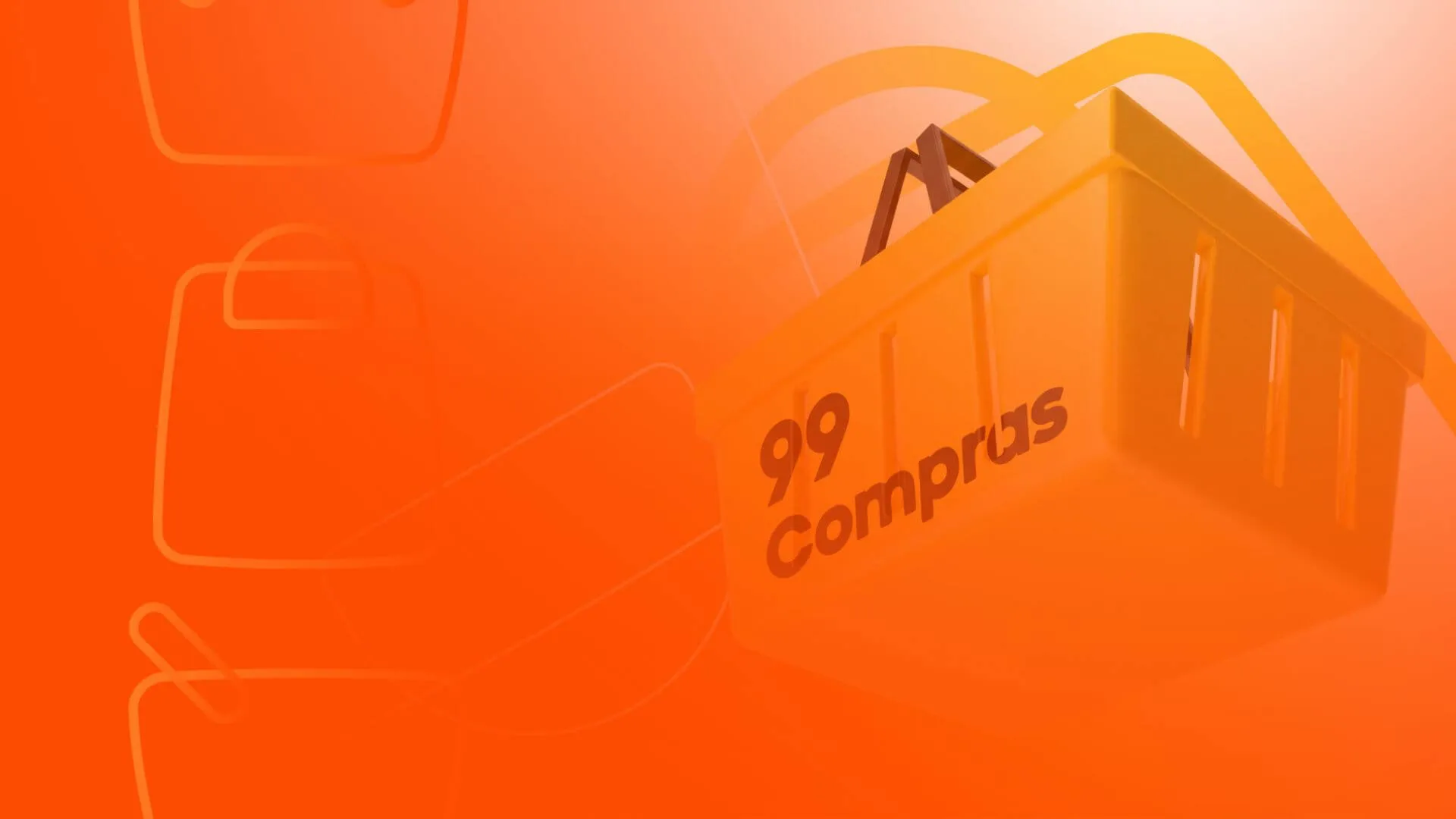 Cesta de compras 3D amarela com a inscri&ccedil;&atilde;o "99 Compras", destacada sobre um fundo laranja vibrante com ilustra&ccedil;&otilde;es sutis de sacolas de compras.