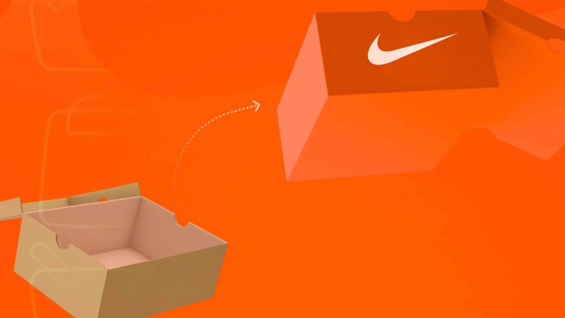 Caixa de papelão aberta conectada por uma seta curva pontilhada a uma caixa de tênis laranja da Nike com o logotipo Swoosh em branco, sobre fundo laranja.